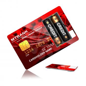 Credit Concept. Red Credit Card with Batteries that say Overdraft.