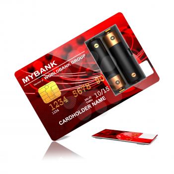 Red Credit Card with two Batteries, Isolated on White. 3D Render. Business Concept.