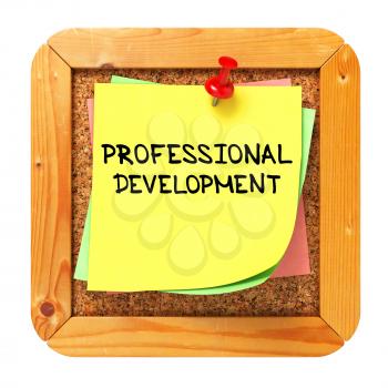 Professional Development, Yellow Sticker on Cork Bulletin or Message Board. Business Concept. 3D Render.