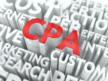 CPA - Critical Path Analysis Wordcloud Concept. The Word in Red Color, Surrounded by a Cloud of Words Gray.