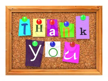 Thank You Concept Letters Attached to a Cork Bulletin or Message Board with Thumbtacks. 3D Render.