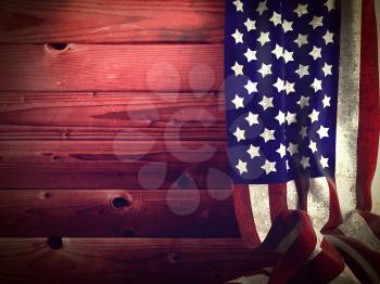 American Flag on a Background of Wooden Planks. Grunge Background.