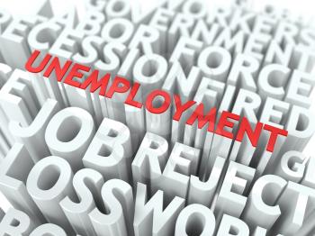 Unemployment - Wordcloud Social Concept. The Word in Red Color, Surrounded by a Cloud of Words Gray.