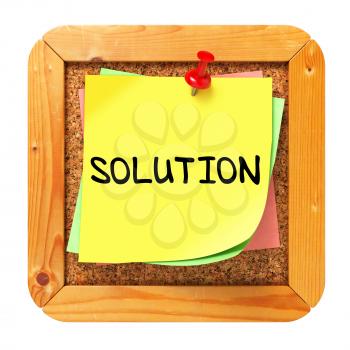 Solution, Yellow Sticker on Cork Bulletin or Message Board. Business Concept. 3D Render.