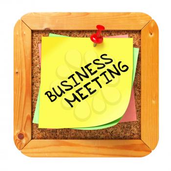 Business Meeting, Yellow Sticker on Cork Bulletin or Message Board. Business Concept. 3D Render.