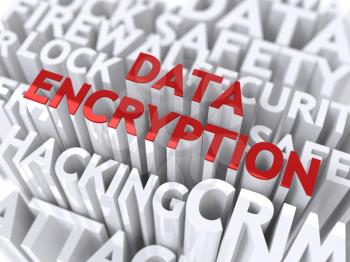 Data Encryption Concept. The Word of Red Color Located over Text of White Color.