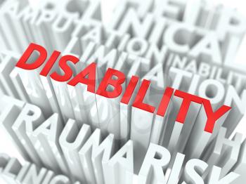 Disability Background Design. Word of Red Color Located over Word Cloud of White Color.