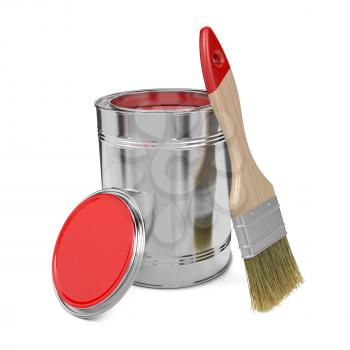 Paint Can with Red Paint and Paintbrush Isolated on White Background.