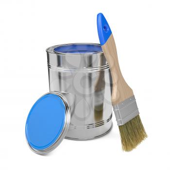 Paint Can with Blue Paint and Paintbrush Isolated on White Background.