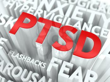 PTSD Concept. The Word of Red Color Located over Text of White Color.