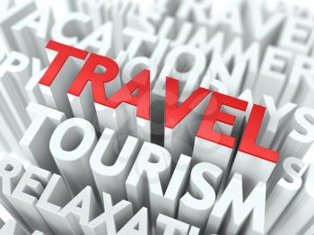 Travel Concept. The Word of Red Color Located over Text of White Color.