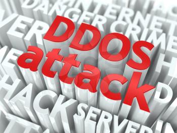 DDOS Attack Concept. The Word of Red Color Located over Text of White Color.