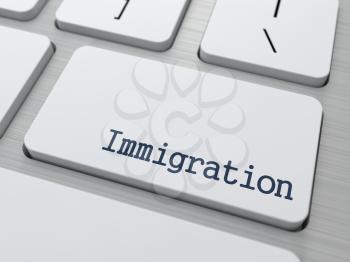Immigration - Social Background. Button on Modern Computer Keyboard. 3D Render.