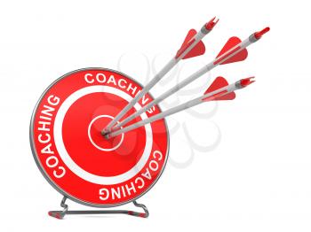 Coaching - Business Background. Three Arrows Hitting the Center of a Red Target, where is Written Coaching. 3D Render.