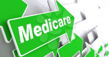 Medicare - Medical Concept. Green Arrow with Medicare Slogan on a Grey Background. 3D Render.