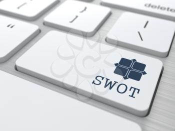 SWOT. Button on Modern Computer Keyboard. Marketing Concept. 3D Render.