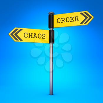 Yellow Two-Way Direction Sign with the Words Chaos and Order on Blue Background. Concept of Choice.