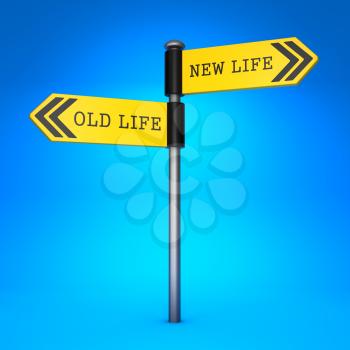 Yellow Two-Way Direction Sign with the Words Old Life and New Life on Blue Background. Concept of Choice.