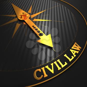 Civil Law - Business Background. Golden Compass Needle on a Black Field Pointing to the Word Civil Law. 3D Render.