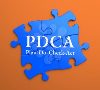 PDCA - Plan-Do-Check-Act - Written on Blue Puzzle Pieces on Orange Background. Business Concept.