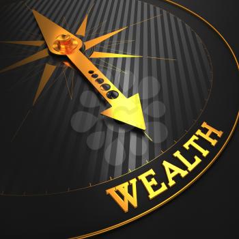 Wealth - Business Background. Golden Compass Needle on a Black Field Pointing to the Word Wealth. 3D Render.