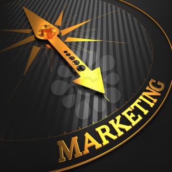 Marketing - Business Background. Golden Compass Needle on a Black Field Pointing to the Word Marketing. 3D Render.