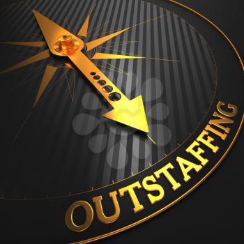 Outstaffing - Business Concept. Golden Compass Needle on a Black Field Pointing to the Word Outstaffing. 3D Render.
