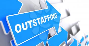 Outstaffing - Business Background. Blue Arrow with Outstaffing Slogan on a Grey Background. 3D Render.