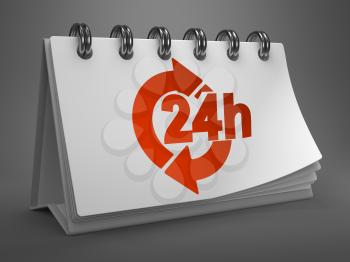 White Desktop Calendar with Red 24 Hours Icon on Gray Background. Service Concept.