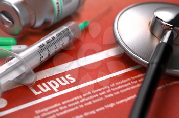 Diagnosis - Lupus. Medical Concept on Orange Background with Blurred Text and Composition of Pills, Syringe and Stethoscope. Selective Focus. 3d Render.