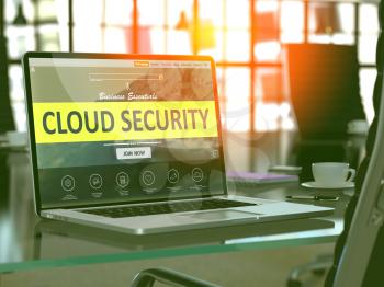 Cloud Security Concept Closeup on Laptop Screen in Modern Office Workplace. Toned Image with Selective Focus. 3d Render.
