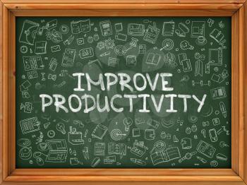 Improve Productivity - Hand Drawn on Chalkboard. Improve Productivity with Doodle Icons Around. 3d Render.