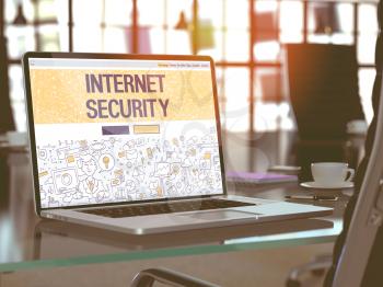 Internet Security Concept. Closeup Landing Page on Laptop Screen in Doodle Design Style. On Background of Comfortable Working Place in Modern Office. Blurred, Toned Image. 3D Render.