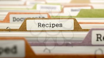 Recipes Concept. Colored Document Folders Sorted for Catalog. Closeup View. Selective Focus. 3d Render.