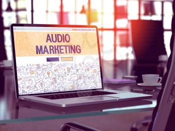 Audio Marketing Concept. Closeup Landing Page on Laptop Screen in Doodle Design Style. On background of Comfortable Working Place in Modern Office. Blurred, Toned Image. 3D Render.