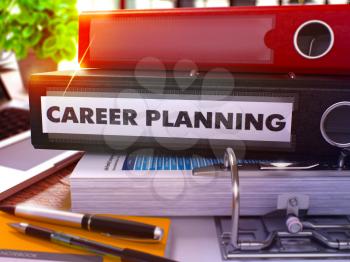 Career Planning - Black Office Folder on Background of Working Table with Stationary and Laptop. Career Planning Business Concept on Blurred Background. Career Planning Toned Image. 3D.