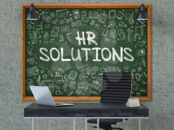 HR Solutions - Handwritten Inscription by Chalk on Green Chalkboard with Doodle Icons Around. Business Concept in the Interior of a Modern Office on the Gray Concrete Wall Background. 3D.