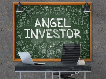 Angel Investor - Hand Drawn on Green Chalkboard in Modern Office Workplace. Illustration with Doodle Design Elements. 3D.