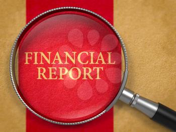 Financial Report through Loupe on Old Paper with Dark Red Vertical Line Background. 3D Render.