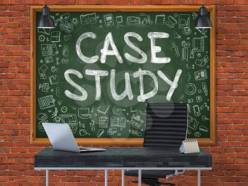 Hand Drawn Case Study on Green Chalkboard. Modern Office Interior. Red Brick Wall Background. Business Concept with Doodle Style Elements. 3D.