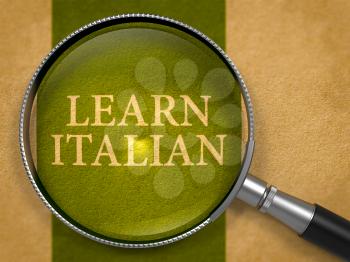 Learn Italian Concept through Magnifier on Old Paper with Dark Green Vertical Line Background. 3D Render.