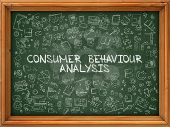 Consumer Behaviour Analysis - Hand Drawn on Green Chalkboard with Doodle Icons Around. Modern Illustration with Doodle Design Style.