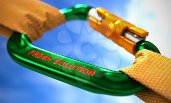 Green Carabiner between Orange Ropes on Sky Background, Symbolizing the Fresh Solution. Selective Focus. 3D Render.