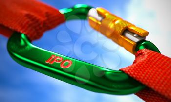 Green Carabiner between Red Ropes on Sky Background, Symbolizing the IPO -  Initial Public Offering. Selective Focus. 3D Render.