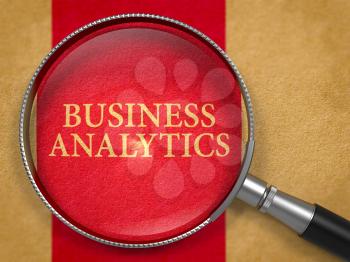 Business Analytics through Lens on Old Paper with Dark Red Vertical Line Background. 3D Render.