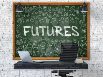 Futures Concept Handwritten on Green Chalkboard with Doodle Icons. Office Interior with Modern Workplace. White Brick Wall Background. 3D.