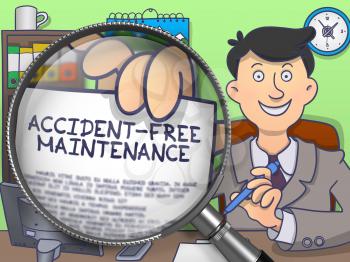 Accident-Free Maintenance on Paper in Businessman's Hand to Illustrate a Business Concept. Closeup View through Magnifier. Multicolor Modern Line Illustration in Doodle Style.