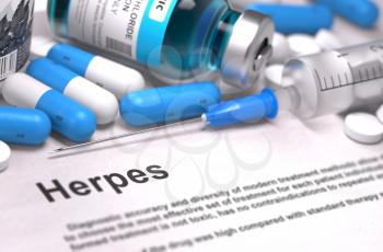Diagnosis - Herpes. Medical Concept with Blue Pills, Injections and Syringe. Selective Focus. Blurred Background. 3D Render.