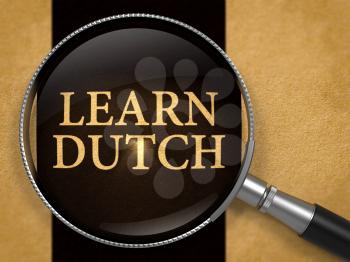 Learn Dutch through Lens on Old Paper with Black Vertical Line Background. 3D Render.