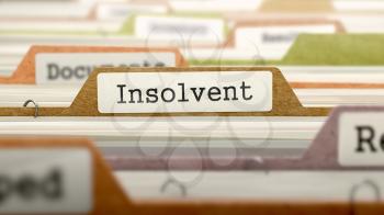 Insolvent - Folder Register Name in Directory. Colored, Blurred Image. Closeup View. 3D Render.